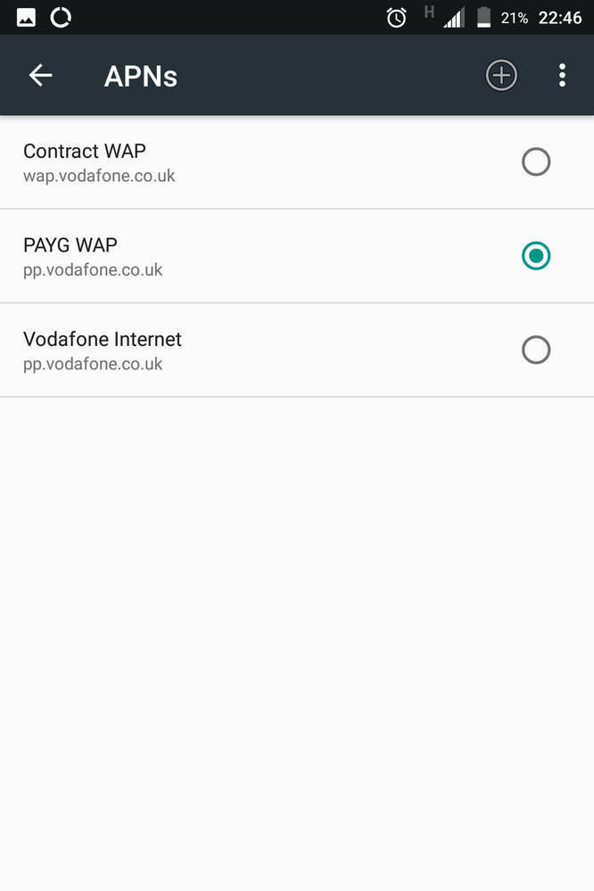 Here is the APN list. The first two come with Vodafone automatically, the bottom is the one I created with the help of support chat. I'm on PAYG so the top one is useless to me. Neither the standard PAYG APN nor the one I created work.