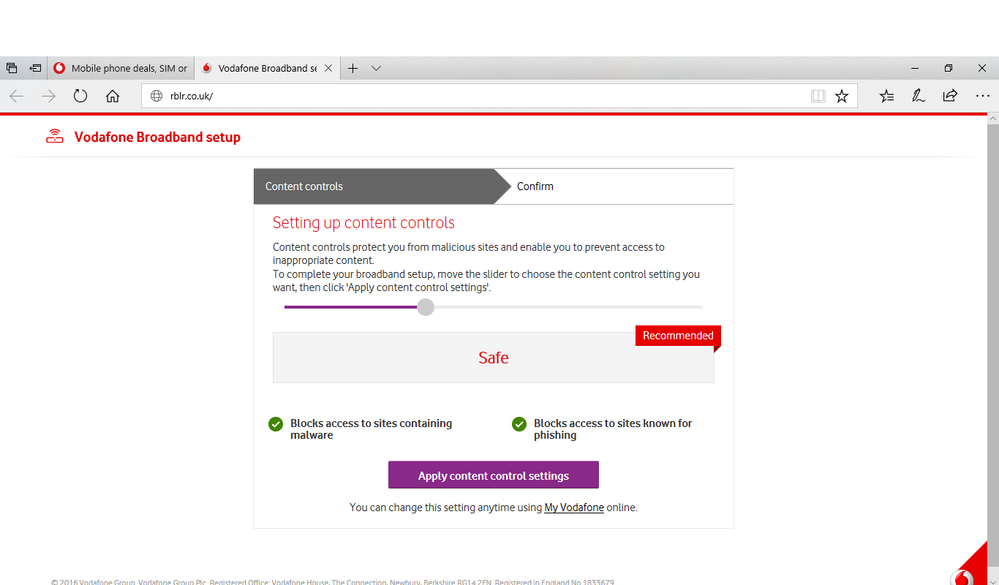 Vodafone Content Control setting page