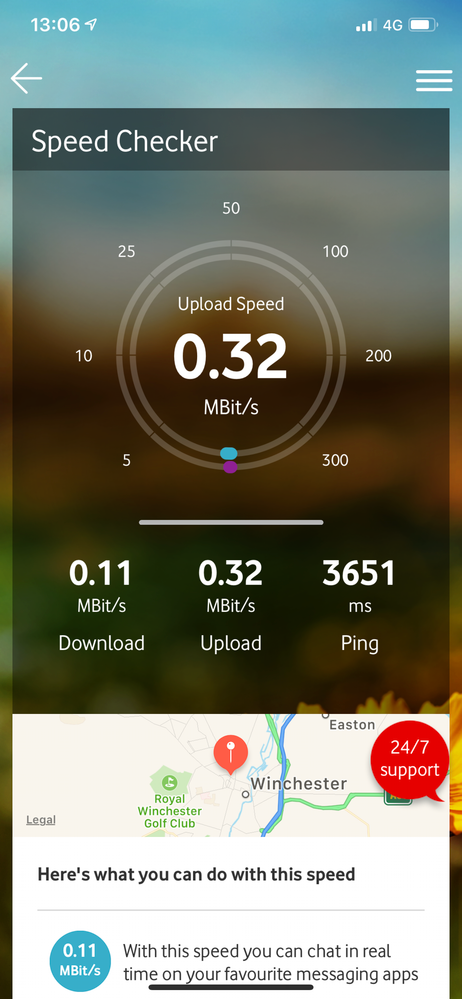 Eventually I was able to carry out a speed test on the Vodafone app. The speeds prove there is a problem with the 4G!